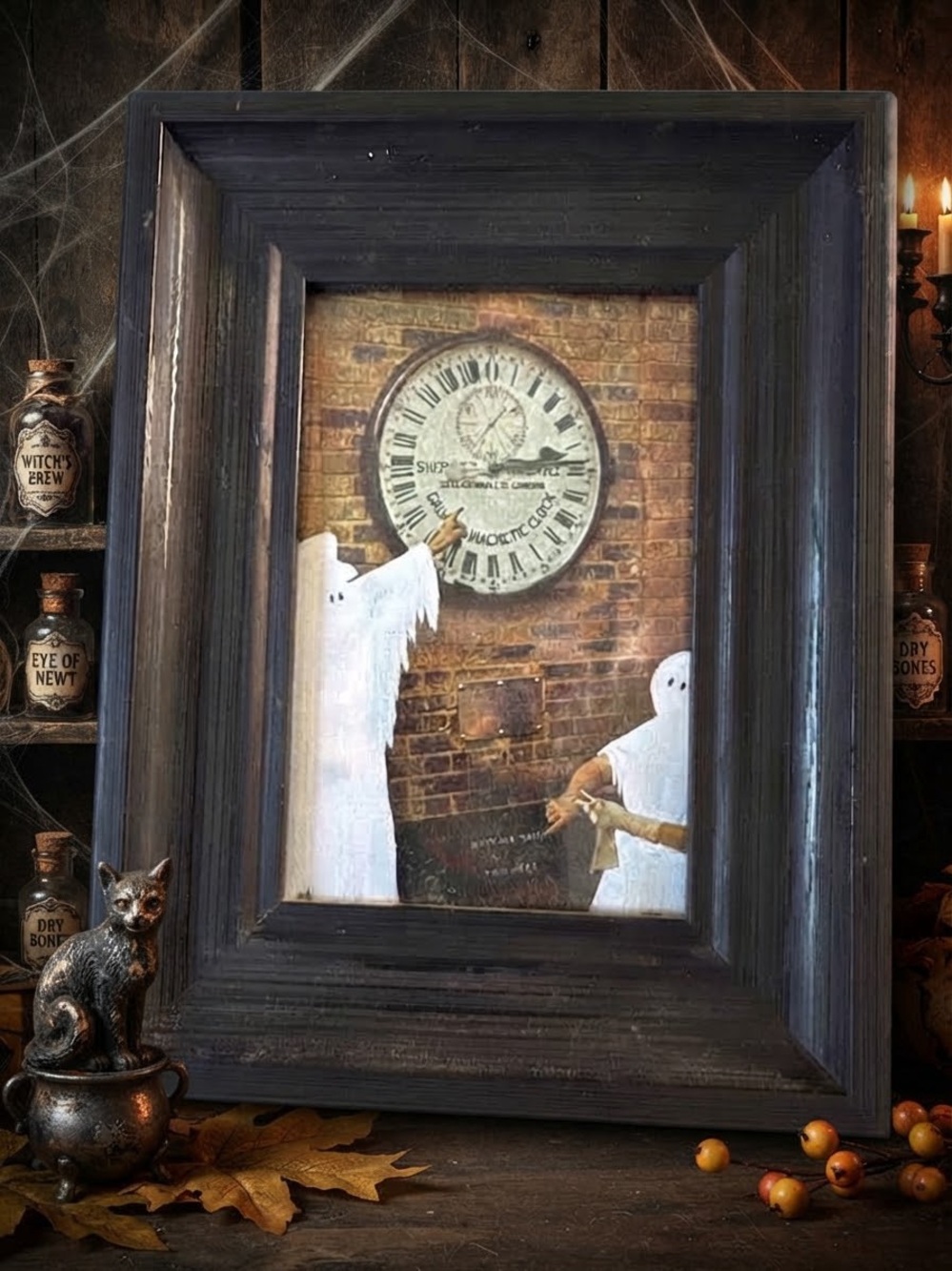 Two Ghosts running late in front of the Shepherd Gate Clock. Halloween decor.